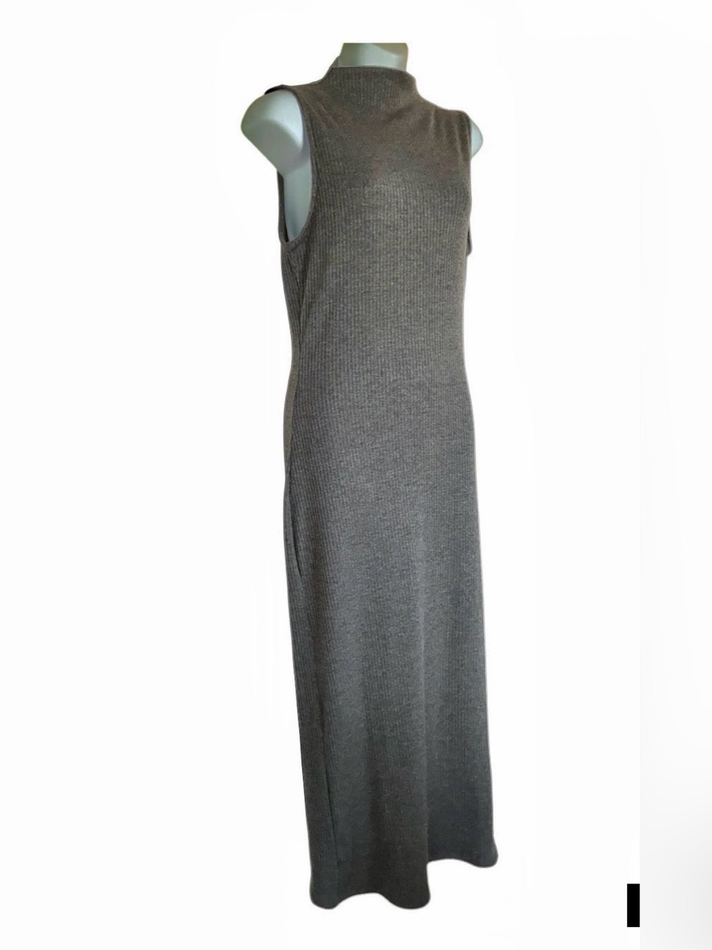 Wren dress women's L, Grey Ribbed Maxi Dress, mock turtleneck, side slit. euc
